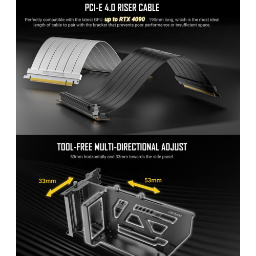 Antec Adjustable Vertical GPU Bracket and PCI-E 4.0 Riser Cable Kit (190mm) White x16 Speed, Gold Plated extreme stability  performance. 4090, 7900xt