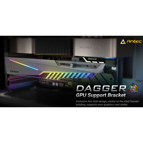 Antec GPU Bracket Dagger Black ARGB 5V 3-Pin.  5 holes. Horizontal Mount GPU 170-270mm. universal case support, Tool-Less. Adjustable Support column.