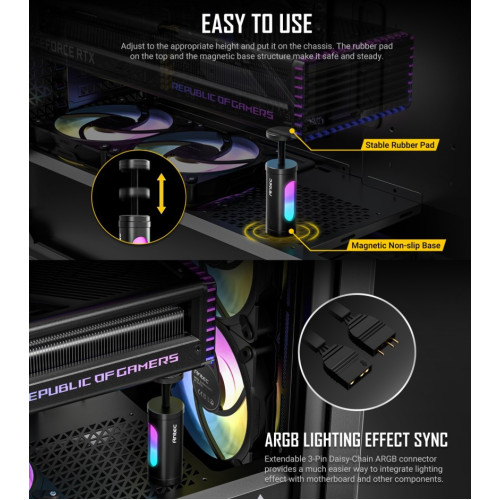 Antec I Shape ARGB Black GPU Bracket, L100,  Solid Construction for large GPU 3-Pin Daisy Cable - Stable Ruibber Pad top. Magnetic Non-Slip Base.