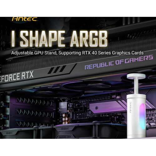 Antec I Shape ARGB White GPU Bracket, L100,  Solid Construction for large GPU - 3-Pin Daisy Cable - Stable Ruibber Pad top. Magnetic Non-Slip Base.