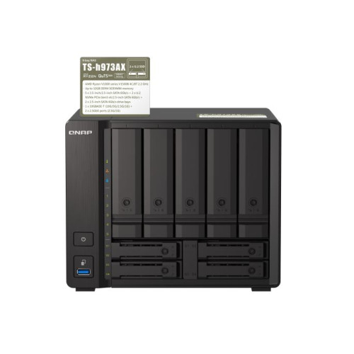 Qnap TS-h973AX 9-Bay NAS AMD Ryzen™ Embedded V1500B quad-core eight threads 2.2 GHz processor 32G Hot-swappable 2 x2.5GbE 1x10GBASE-T 4xUSB3.2 3YR WTY