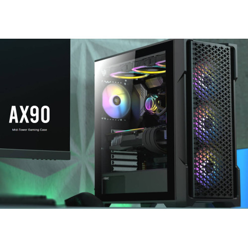 Antec AX90 ATX, 2x 360mm Radiator Support, 4x ARGB 12CM Fans 3x Front  1x Rear included. RGB controller for six fans. Mesh Tempered Glass Gaming Case