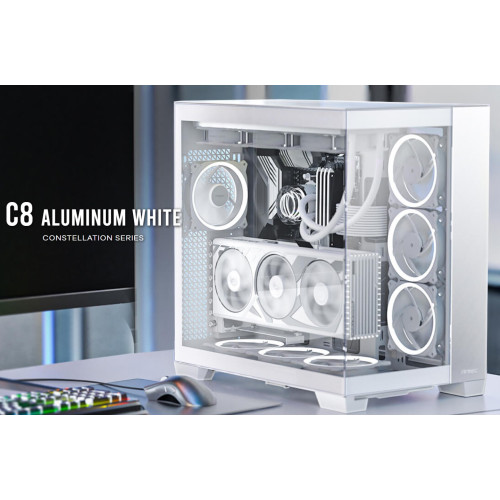 Antec C8 Aluminum White E-ATX Seamless Edge View Front and Side, USB-C, 4mm Tempered Glass, 360mm liquid cooler top, bottom, side. 2x USB 3.0 Case.