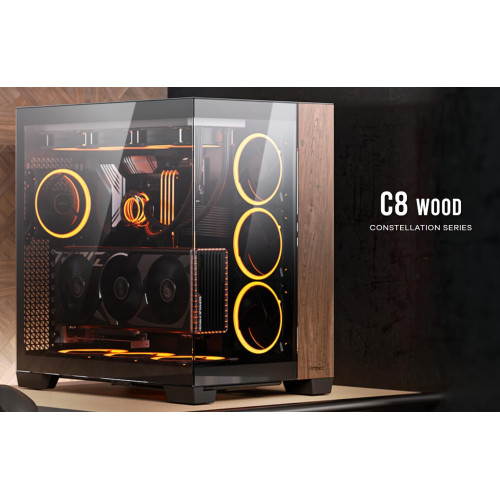 Antec C8 Wood E-ATX, ATX, Seamless Edge View Front and Side, USB-C, 4mm Tempered Glass, 360mm liquid cooler top, bottom, side. 2x USB 3.0 Black Case.