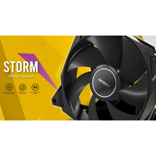 Antec Storm 120mm PWM FDB Fan 3 Pack, High Airflow 66.56 CFM, Air Pressure 2.7, Noise Level 25.8. Woven Cable, PMW Daisy Chain design, 3 Yrs Warranty