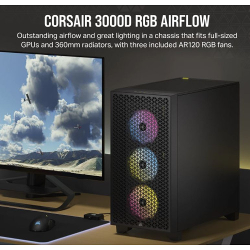 Corsair Carbide Series 3000D RGB Solid Steel Front ATX Tempered Glass Black, 3x AR120 RGB Fans  Adapter pre-installed. USB 3.0 x 2, Audio Case (LS)