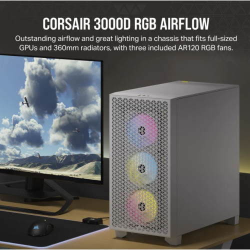 Corsair Carbide Series 3000D RGB Solid Steel Front ATX Tempered Glass White, 3x AR120 RGB Fans  Adapter pre-installed. USB 3.0 x 2, Audio I/O. Case