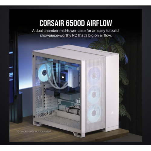 CORSAIR 6500D Airflow Tempered Glass ATX Mid-Tower, Mesh Left Front, Dual Chamber White Case