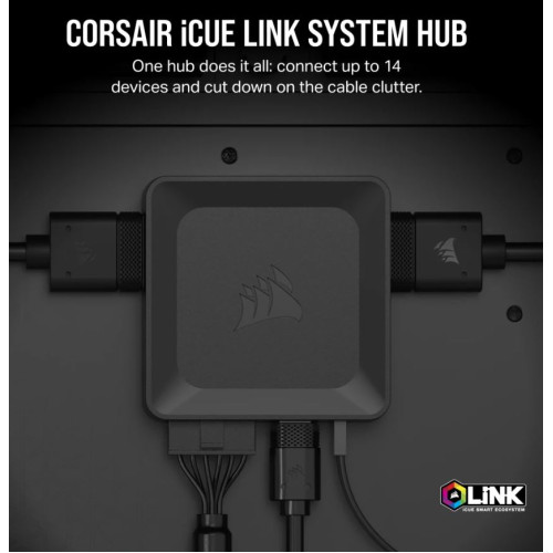 CORSAIR iCUE LINK System Hub, manage RGB Lighting by linking up 14 devices. reduce cable clutter.