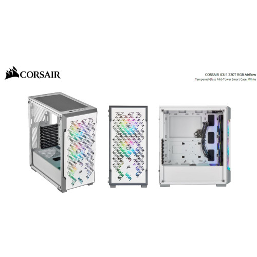 Corsair iCUE 220T RGB Airflow Smart ATX, mATX, Mini-ITX Case - 3x SP120 Fan, Lighting Node Core,White. 2 Years Warranty (LS)