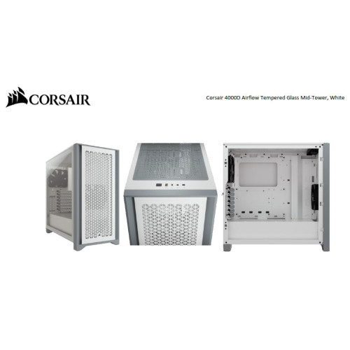 Corsair Carbide Series 4000D Airflow ATX Tempered Glass White, 2x 120mm Fans pre-installed. USB 3.0 x 2, Audio I/O. Case