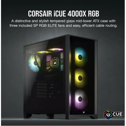 Corsair Carbide Series 4000X RGB E-ATX, ATX, Tempered Glass Front  Side. Black,3x 120mm RGB Fans w/ Node core. USB 3.0 and Type-C x 1, PCI 7+2, Case