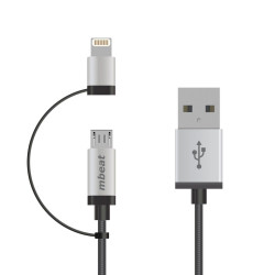 (LS) mbeat® 1m Lightning and Micro USB Data Cable - 2-in-1/Aluminmum Shell Crush-Proof/Nylon Braided/Silver/ Apple/Andriod Tablet Mobile Device
