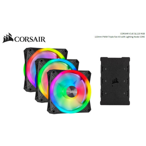 Corsair QL120 RGB Triple Fan Kit with Lighting Node Core, ICUE, 120mm RGB LED PWM Fan 26dBA, 41.8 CFM, 3 Fan Pack (LS)