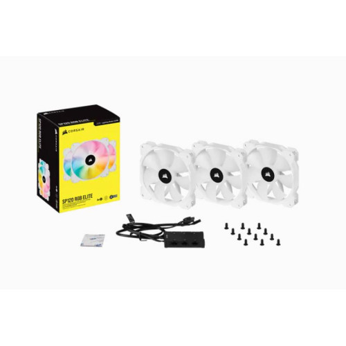 Corsair White SP120 RGB ELITE, 120mm RGB LED PWM Fan with AirGuide, Triple Pack with Lighting Node CORE (LS)