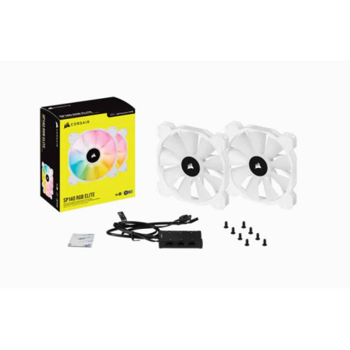 Corsair White SP140 RGB ELITE, 140mm RGB LED Fan with AirGuide, 68 CFM, Dual Pack with Lighting Node CORE