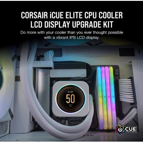 CORSAIR iCUE ELITE CPU Cooler LCD White Display Upgrade Kit transforms your CORSAIR ELITE CAPELLIX CPU cooler into a personalized dashboard