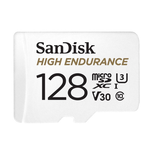 SanDisk High Endurance 128GB microSD 100MB/s 40MB/s 10K hrs 4K UHD C10 U3 V30 -40°C to 85°C Heat Freeze Shock Temperature Water X-ray Proof SD Adapter