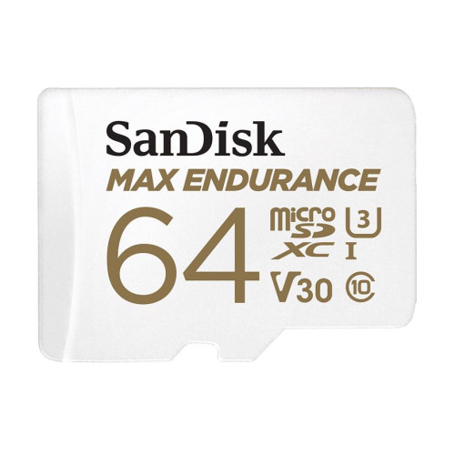 SanDisk Max Endurance 64GB microSD 100MB/s 40MB/s 20K hrs 4K UHD C10 U3 V30 -40°C to 85°C Heat Freeze Shock Temperature Water X-ray Proof SD Adapter