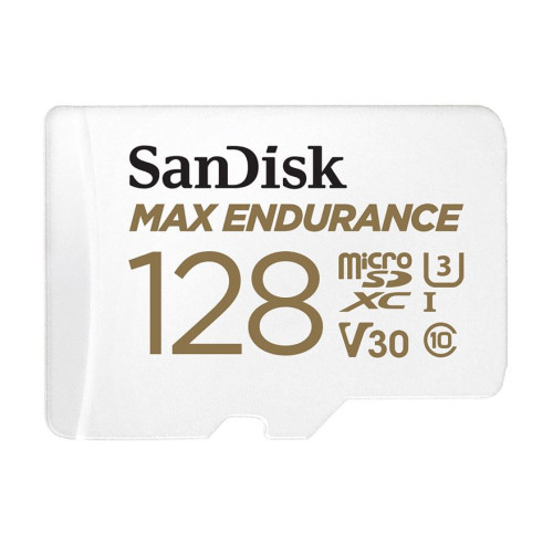 SanDisk Max Endurance 128GB microSD 100MB/s 40MB/s 20K hrs 4K UHD C10 U3 V30 -40°C to 85°C Heat Freeze Shock Temperature Water X-ray Proof SD Adapter