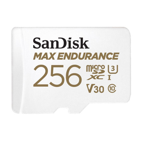 SanDisk Max Endurance 256GB microSD 100MB/s 40MB/s 20K hrs 4K UHD C10 U3 V30 -40°C to 85°C Heat Freeze Shock Temperature Water X-ray Proof SD Adapter