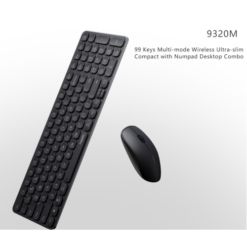 RAPOO 9320M Bluetooth 4.0, 5.0 + 2.4G  Wireless Multi-mode Keyboard Mouse Combo, Aluminum Base, 2400 DPI, 10M Range, Compact Black Retail Pack