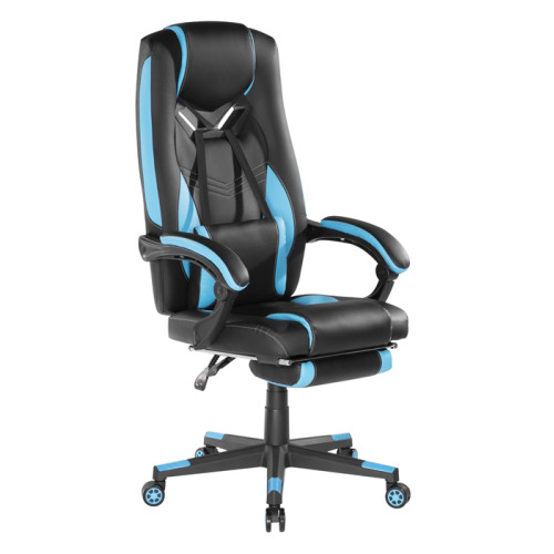 Brateck Premium PU Gaming Chair with Lumbar Support and Retractable Footrest (63x71x119~129cm) up to 150kg-PU Leather,PVC Leather-Black-Blue (LS)