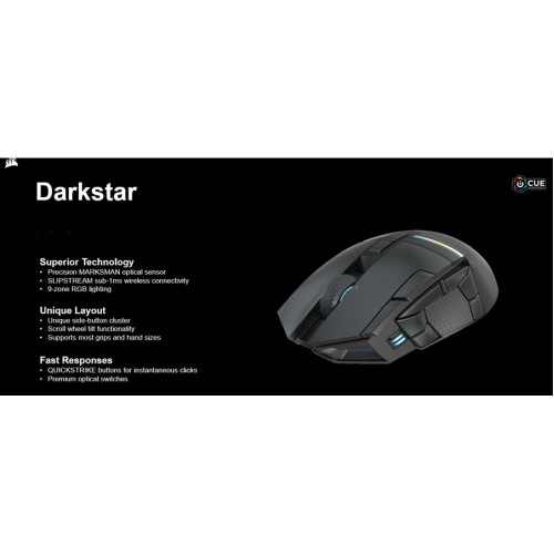 CORSAIR DARKSTAR WIRELESS MMO/MOBA ICUE, 15 Programmable buttons, Sub 1ms Slipstream up to 80hrs with BT. Ultimate Gaming Mouse.