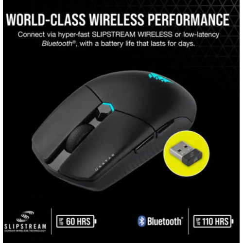 Corsair Katar Elite Wireless, Ultra Light Compac 63g, Slipstream  Bluetooth RGB, ICUE, Quik Strike, 26k DPI, symetric, 128Bit Encrption Gaming Mice