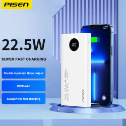 Pisen 22.5W Triple Port (Dual USB-A + USB-C) 10500mAh Power Bank White - Charge 3 Devices at the Same Time, Intelligent, LED Display, PD Fast Charging
