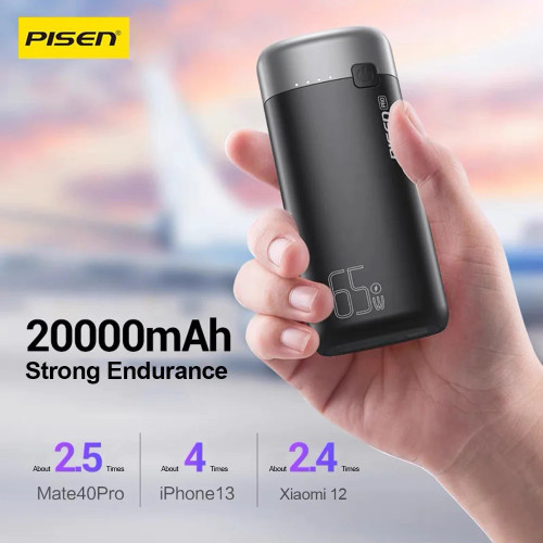 Pisen PRO Triple Port 20k mAh (65W) Laptop Power Bank - Black, 2x USB-A  1x USB-C, LED Digital Display, Smart Protection Chip, Prevents Overcharge