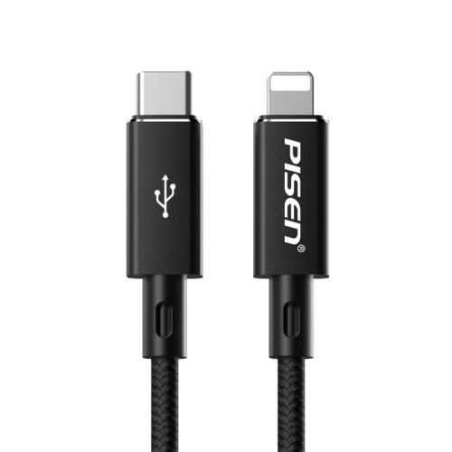 Pisen Braided Lightning to USB-C PD Fast Charge Cable (1M) Black - Support 3A, Anti-Breaking, Reinforced  More Durable, Apple iPhone/iPad/MacBook