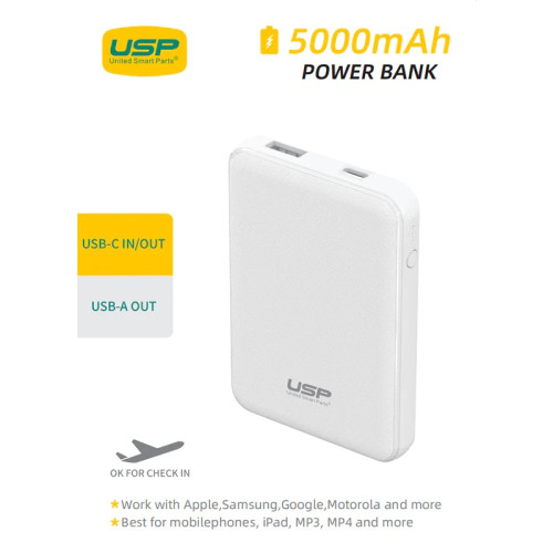 USP Mini 5K mAh Power Bank (18.5W) with Dual Ports (USB-C + USB-A) White - LED Power Indicator, Fast  Safe,Intelligent Charging,Meet Airport Aviation