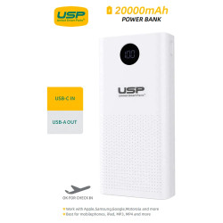 USP 20K mAh Power Bank - White, 2 USB-A Outputs (5W  10W), 2 USB Input, Digital Display, Comfortable Grip, Charge 2 Devices, Intelligent Matching