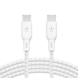 Belkin BoostCharge Braided USB-C to USB-C Cable (2m/6.6ft) - White (CAB014bt2MWH),100W,480Mbps,30K+,Samsung Galaxy,iPad,MacBook,Google,OPPO,Nokia,2YR