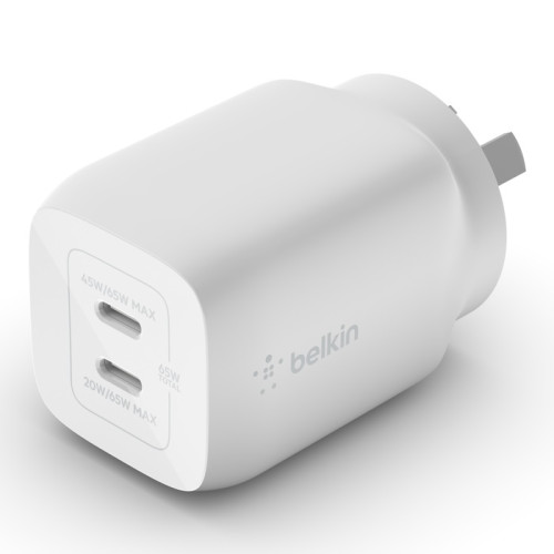 Belkin BoostCharge Pro Dual USB-C GaN Wall/Laptop Charger with PPS 65W - White(WCH013auWH),1*USB-C(45-65W),1*USB-C(20-65W),Compact,Fast  Travel Ready