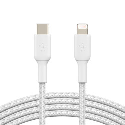 Belkin BoostCharge Braided Lightning to USB-C Cable (2m/6.6ft) - White (CAA004bt2MWH), 30W, 480Mbps, Apple iPhone / iPad / Macbook, 2YR