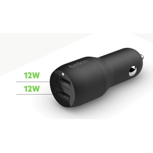 Belkin BoostCharge Dual USB-A Car Charger 24W - Black (CCB001btBK), 2xUSB-A (12W), Dual Port Fast  Compact Charger, $2,500 CEW,2YR