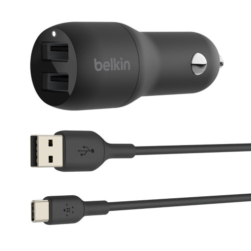 Belkin BoostCharge Dual USB-A Car Charger 24W + USB-C to USB-A Cable (1M) - Black (CCE001bt1MBK),2xUSB-A(12W), Dual Port Fast  Compact Charger,2YR