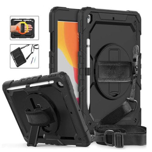 Pisen Rugged Apple iPad (10.2') (9th/8th/7th Gen) Case Black - Built-in-Kickstand, Adjustable Hand Strap, Shoulder Strap, Pen Holder, DropProof