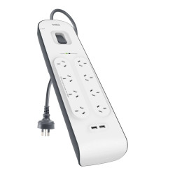 Belkin BSV804 8-Outlet 2-Meter Surge Protection Strip with two 2.4 amp USB charging ports, Complete Three-line AC protection, CEW $50,000,2YR