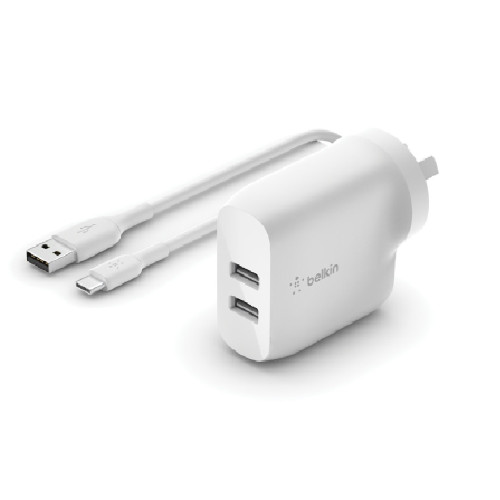 Belkin BoostCharge Dual USB-A Wall Charger 24W + USB-C to USB-A cable (1M) - White (WCE001au1MWH), 2xUSB-A (12W), Dual Port Fast Charger,2YR