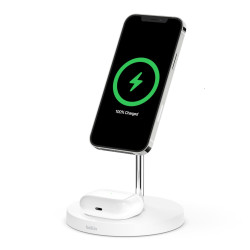 Belkin BoostCharge Pro 2-in-1 Wireless Charger Stand with MagSafe 15W - White(WIZ010auWH),Fast Wireless Charger, Charge in any orientation, AC adapter