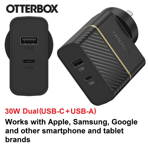 OtterBox 30W Dual Port Premium Fast PD Wall Charger - Black (78-80029),1x USB-A (12W), 1x USB-C (18W),Compact,Up to 3.6X faster charging, Travel-Ready