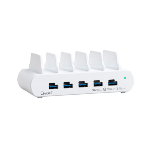 Oxhorn PoverDelivery150W 5 Port (A+C) Fast Charging Dock with build-in rack5 Port USB-A USB-C PD3.0 QC4.0 PPS 100-240V AC input White