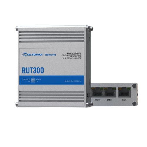 Teltonika RUT300 - Rugged industrial fast Ethernet router, 5 Ethernet ports, 2 configurable digital Inputs/Outputs, and 1 USB port.