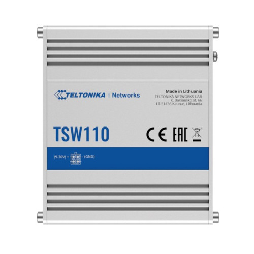 Teltonika TSW110 - L2 Switch, 5 x Gigabit Ethernet with speeds up to 1000 Mbps, Operating Temperature from -40 °C to 75 °C - PSU excluded (PR3PRAU6)