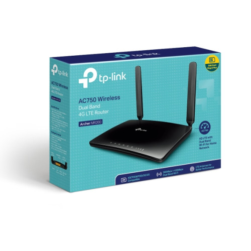 TP-Link Archer MR200 AC750 Wireless Dual Band 4G LTE Router 300Mbps@2.4Ghz,, 433Mbps@5Ghz, 4G SIM Slot, WPS Button, 2 Antennas