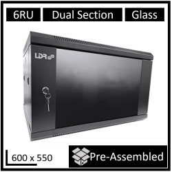 LDR Assembled 6U Hinged Wall Mount Cabinet (600mm x 550mm) Glass Door - Black Metal Construction - Top Fan Vents - Side Access Panels