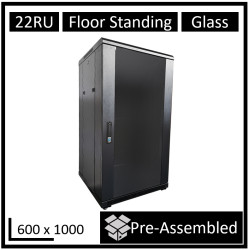 LDR Assembled 22U Server Rack Cabinet (600mm x 1000mm), Glass Door, 1x 8-Port PDU, 1x 4-Way Fan, 2x Fixed Shelves - Black Metal Construction